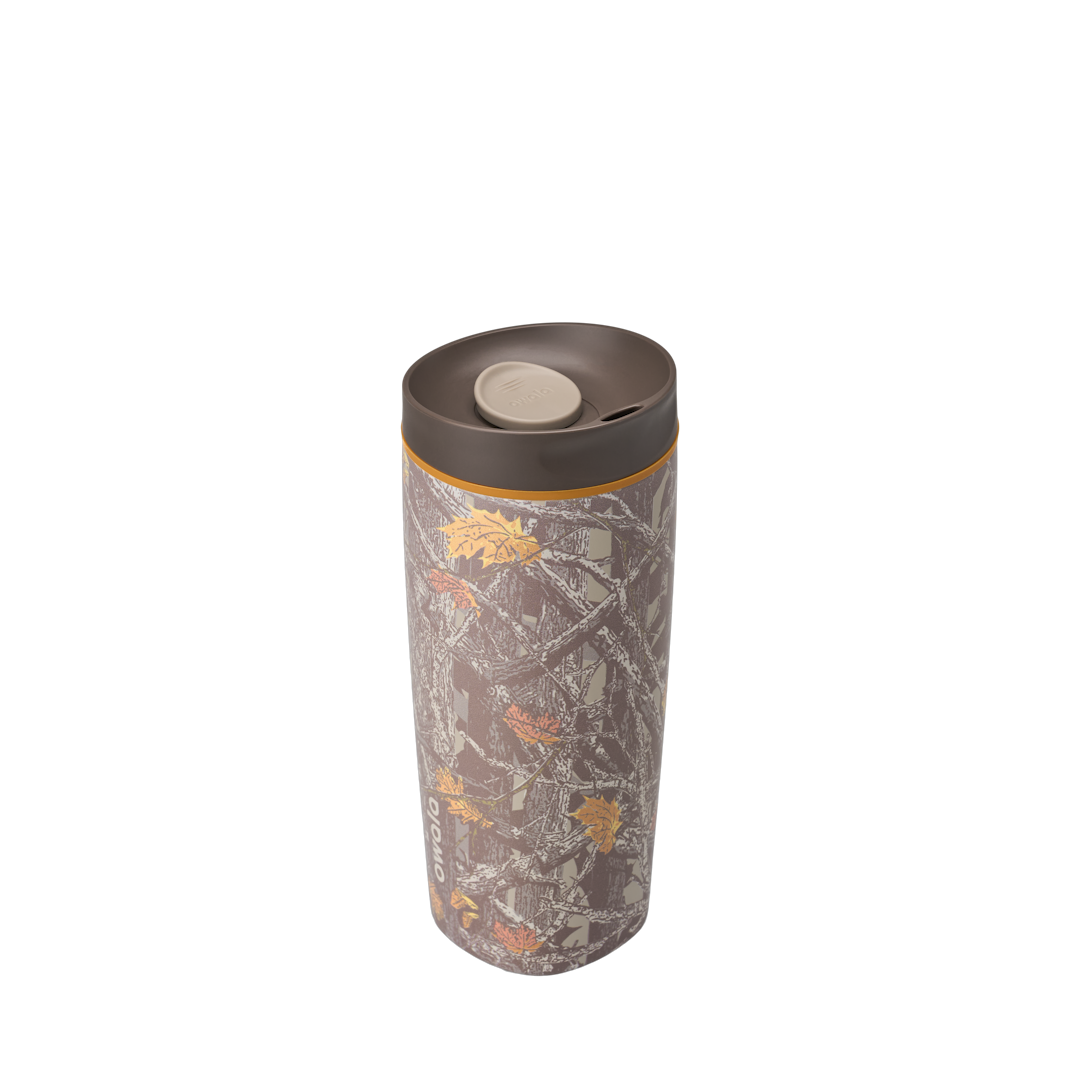 Owala SmoothSip Slider 20oz in Out of Sight, oak-leaf camouflage body in browns and warm greys with orange leaf accents, dark brown lid with tan slider button and orange accent ring